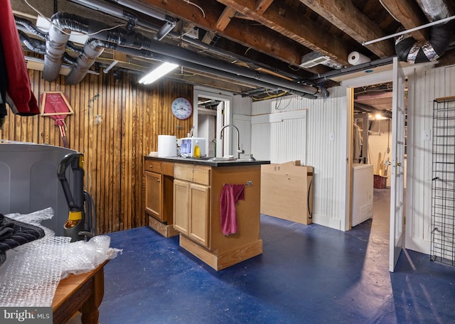 basement with wooden walls and sink