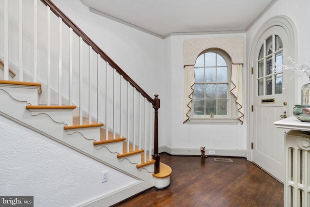 foyer with crown molding, radiator, and dark wood-type flooring