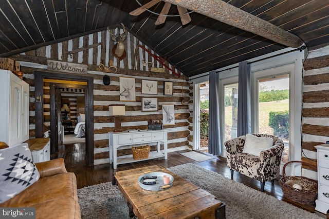 living room featuring dark hardwood / wood-style floors, high vaulted ceiling, ceiling fan, and wooden ceiling