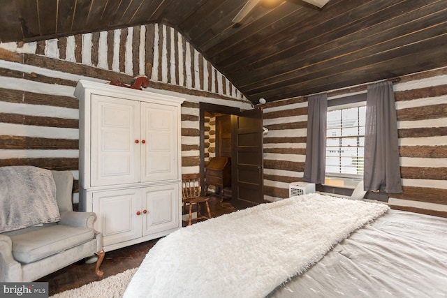 bedroom featuring dark wood-type flooring, lofted ceiling, and wood ceiling