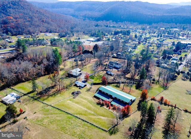 aerial view featuring a mountain view and a rural view