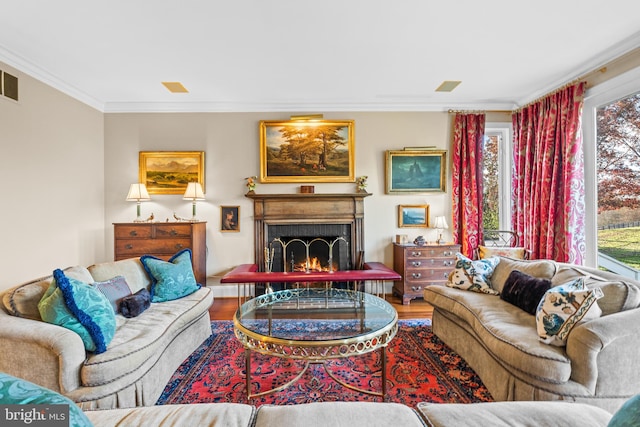 living room with hardwood / wood-style flooring, plenty of natural light, and crown molding