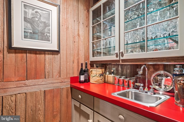 kitchen featuring wooden walls and sink