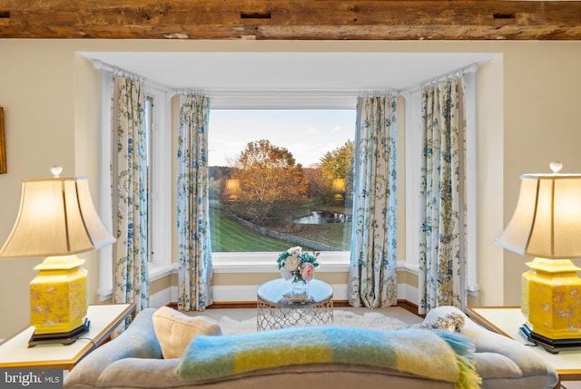 living area featuring beamed ceiling