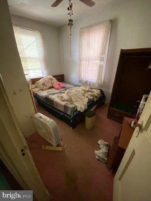 bedroom with ceiling fan and carpet floors