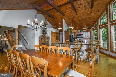 dining area with hardwood / wood-style flooring, wood ceiling, beamed ceiling, and high vaulted ceiling