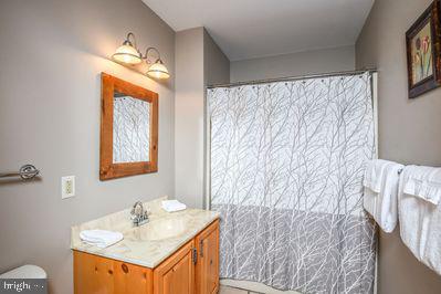 bathroom with a shower with curtain, a wealth of natural light, vanity, and toilet