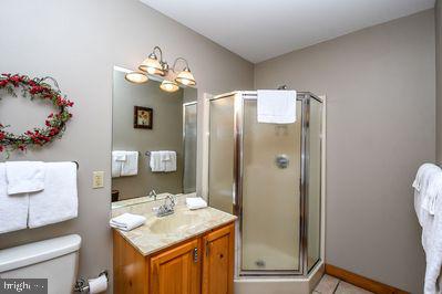 bathroom featuring a shower with door, vanity, and toilet