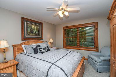 bedroom featuring ceiling fan and light carpet