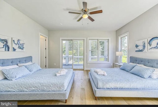 bedroom with ceiling fan, access to exterior, multiple windows, and light hardwood / wood-style flooring