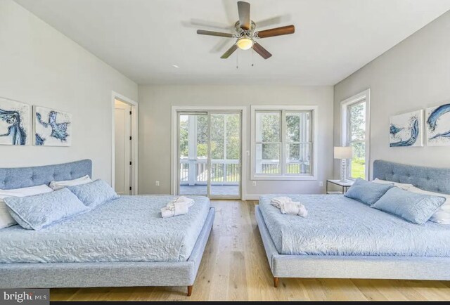 bedroom with light hardwood / wood-style floors, multiple windows, ceiling fan, and access to outside