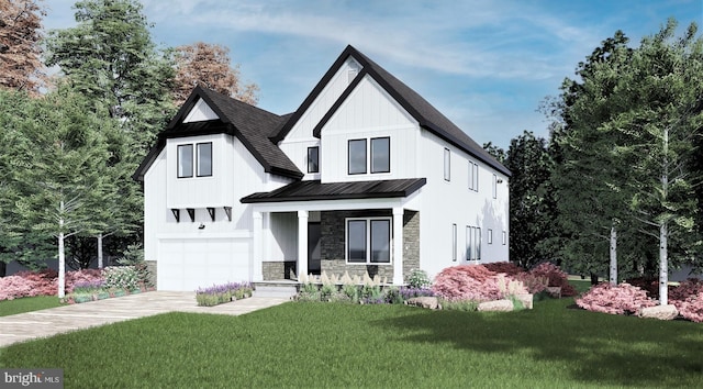 7617 Lisle Ave, Falls Church, VA 22043 - modern farmhouse style home featuring an attached garage, a standing seam roof, stone siding, a front lawn, and covered porch