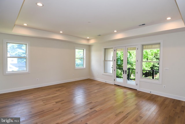 empty room featuring plenty of natural light, a raised ceiling, light wood-type flooring, and french doors