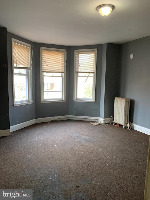 carpeted spare room with radiator and a wealth of natural light