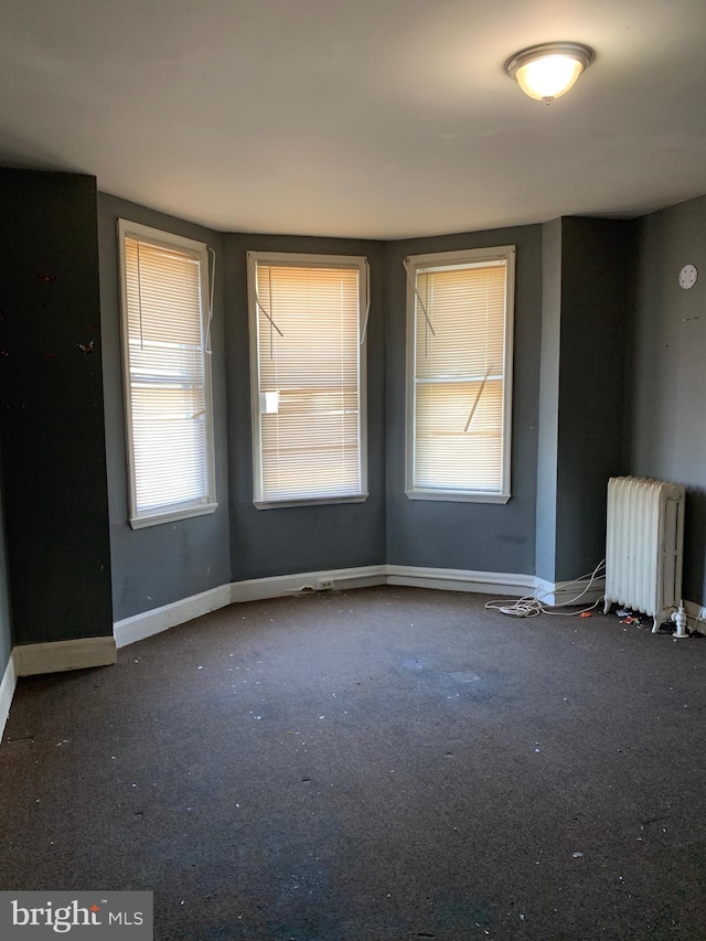 carpeted empty room with plenty of natural light and radiator