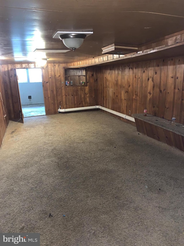 carpeted spare room featuring wooden walls