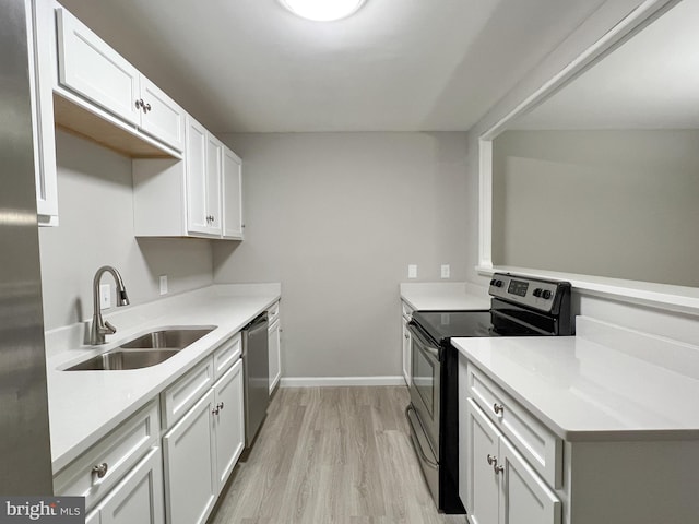 kitchen featuring white cabinetry, light hardwood / wood-style floors, sink, and stainless steel appliances