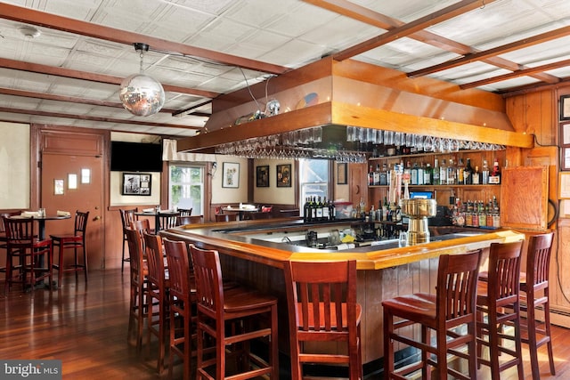 bar featuring dark hardwood / wood-style flooring