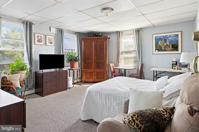 carpeted bedroom with a paneled ceiling, a baseboard radiator, and multiple windows