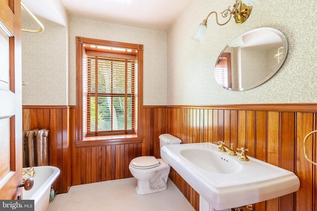 bathroom with toilet, wooden walls, sink, and a bath