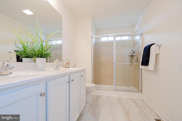 bathroom with a shower with door, toilet, and dual bowl vanity