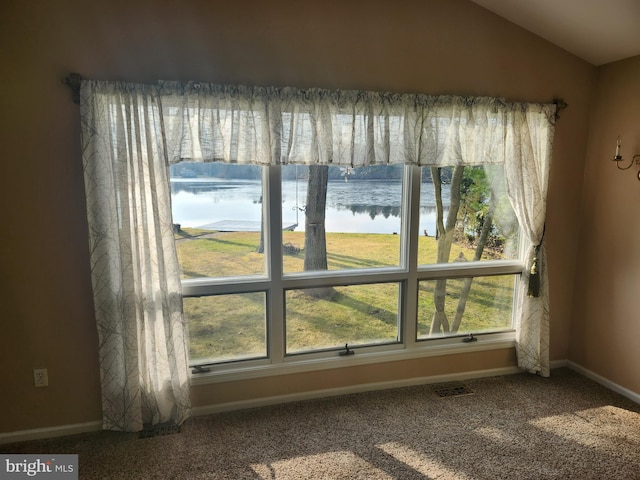 interior details featuring carpet flooring and a water view