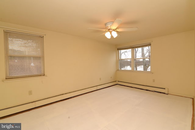 spare room featuring ceiling fan and a baseboard heating unit