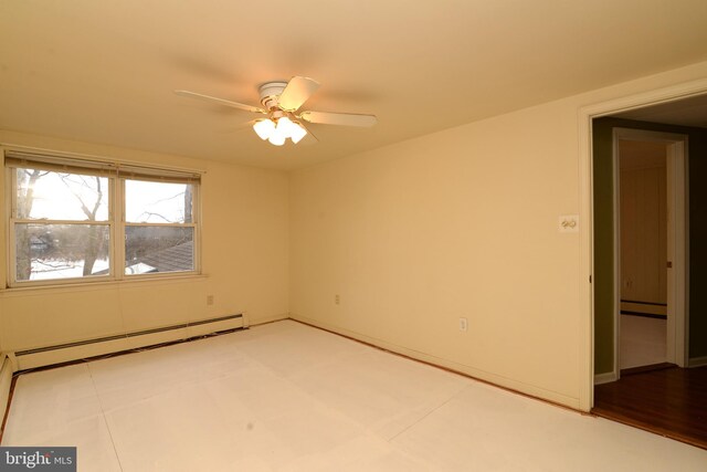 empty room featuring hardwood / wood-style floors, ceiling fan, and a baseboard heating unit