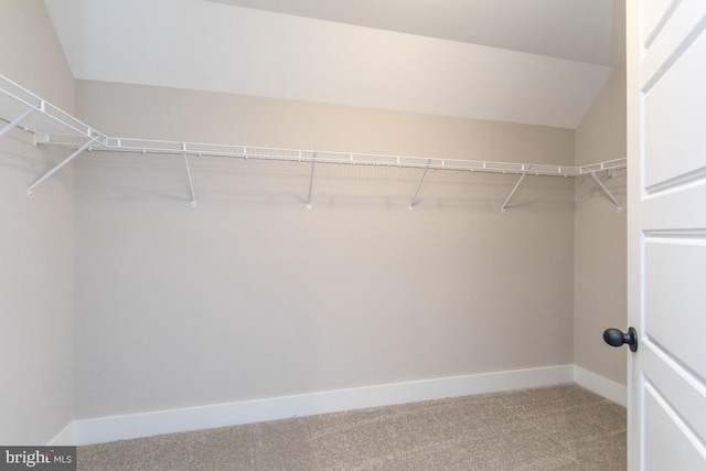 spacious closet with carpet flooring and vaulted ceiling