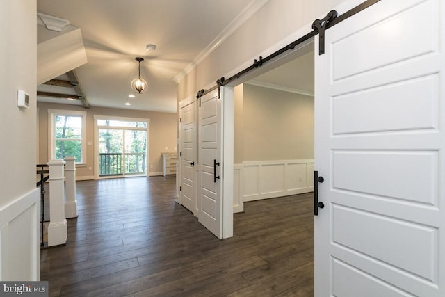 corridor featuring a barn door, ornamental molding, and dark wood-type flooring