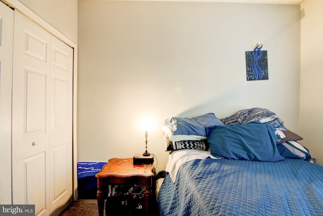 bedroom featuring dark carpet and a closet