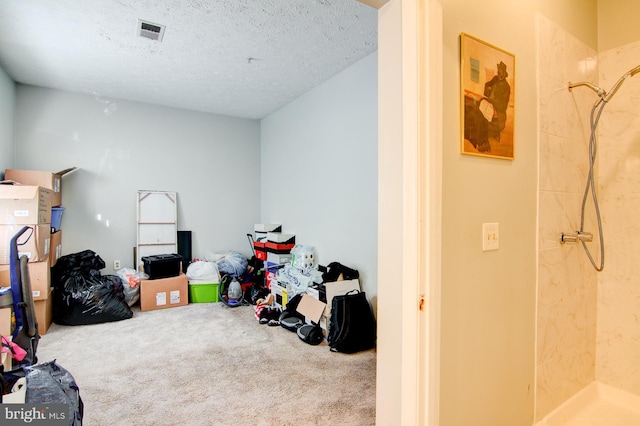 playroom with a textured ceiling and light colored carpet