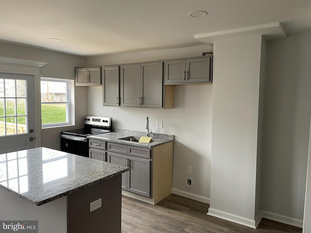 kitchen featuring stainless steel range with electric stovetop, sink, hardwood / wood-style flooring, gray cabinets, and light stone countertops