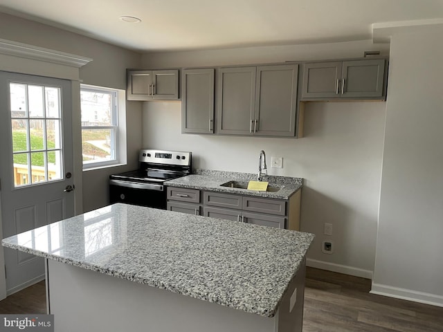 kitchen featuring gray cabinetry, light stone counters, sink, and stainless steel range with electric stovetop