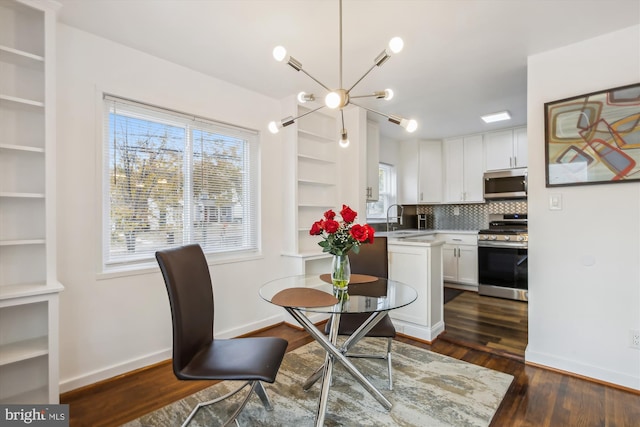 dining area with an inviting chandelier, dark hardwood / wood-style floors, and sink