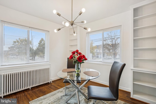 living area featuring plenty of natural light, dark hardwood / wood-style flooring, radiator, and a chandelier