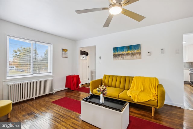 living room with dark hardwood / wood-style flooring, ceiling fan, and radiator heating unit