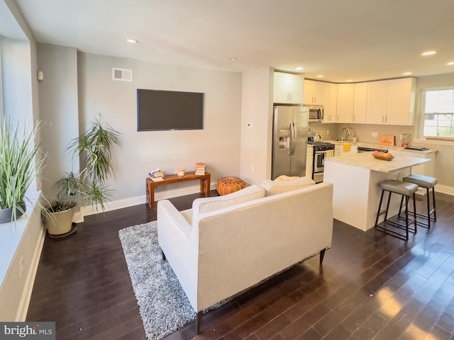 living room with dark hardwood / wood-style flooring