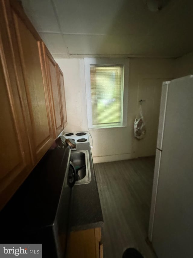 kitchen with sink, white fridge, and wood-type flooring