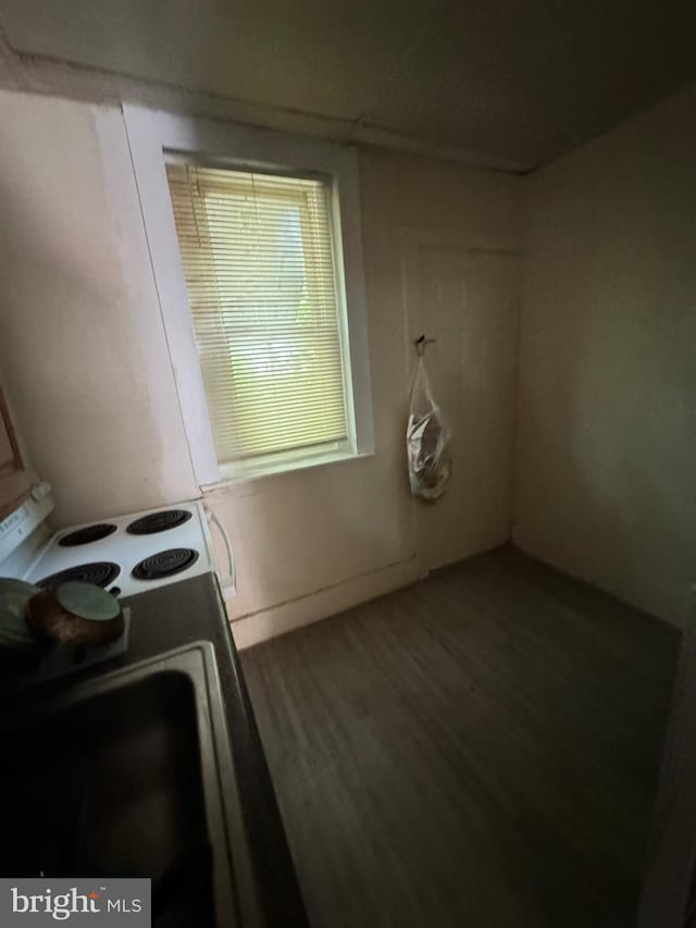 kitchen with hardwood / wood-style floors and white electric range oven