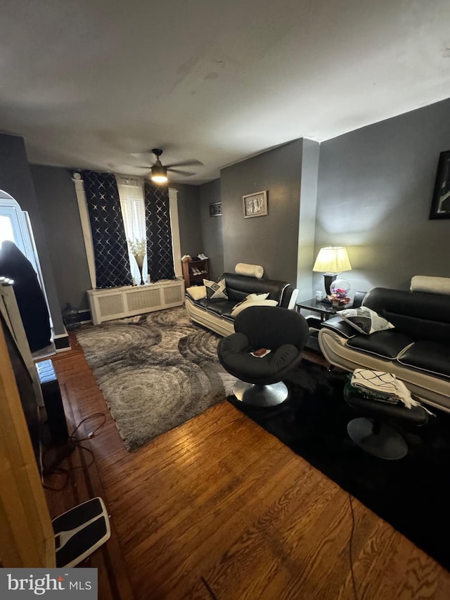 interior space with hardwood / wood-style flooring, ceiling fan, and radiator