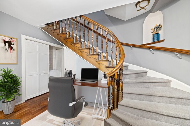 staircase with hardwood / wood-style floors