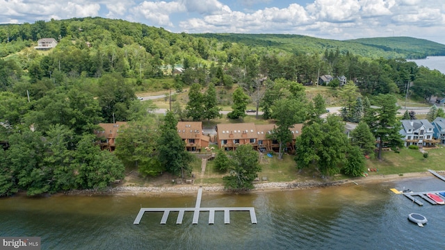 aerial view featuring a water and mountain view