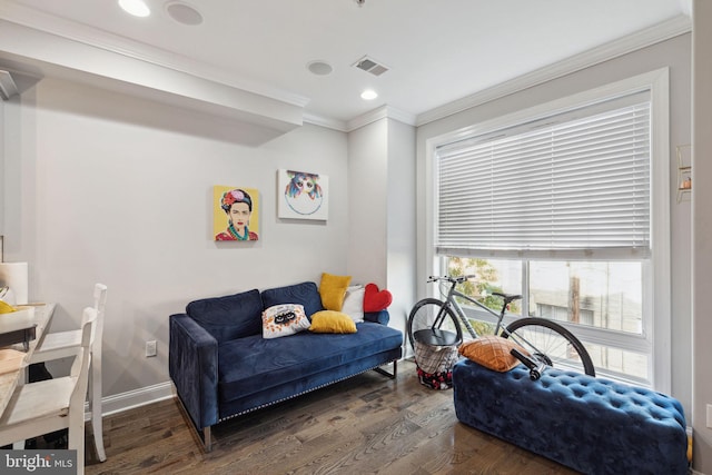 interior space featuring dark hardwood / wood-style floors and ornamental molding