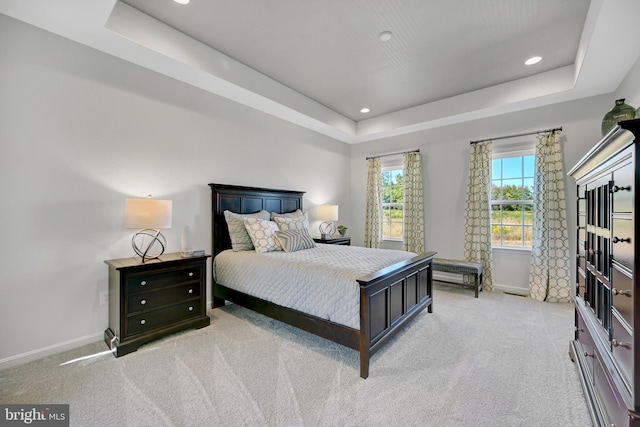 carpeted bedroom with a raised ceiling