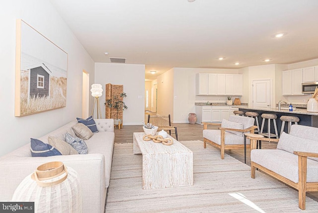 living room with light wood-type flooring and sink