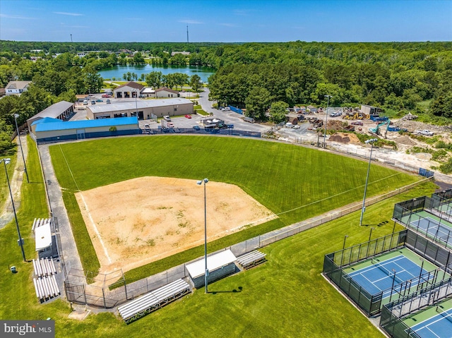 birds eye view of property featuring a water view