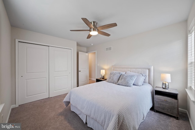 carpeted bedroom featuring ceiling fan and a closet