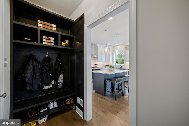 room details with wood-type flooring and sink