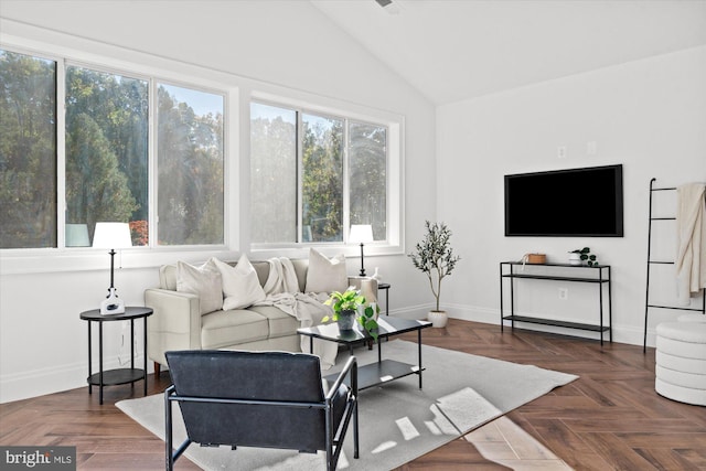 living room with dark parquet flooring and vaulted ceiling